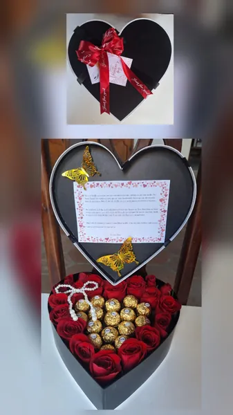 Caja corazón negra con rosas y mariposas doradas